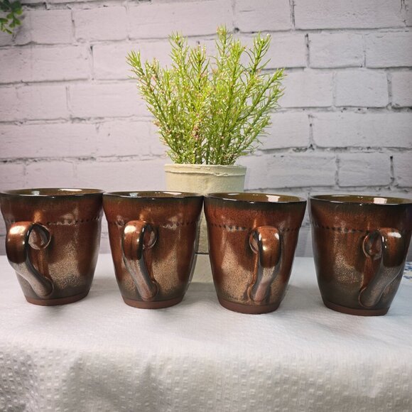 SANGO CYPRUS SIENNA MUG SET Of 4  16 OZ RUSTIC BRONZE GLAZE WITH BEADED EDGE - Picture 13 of 14
